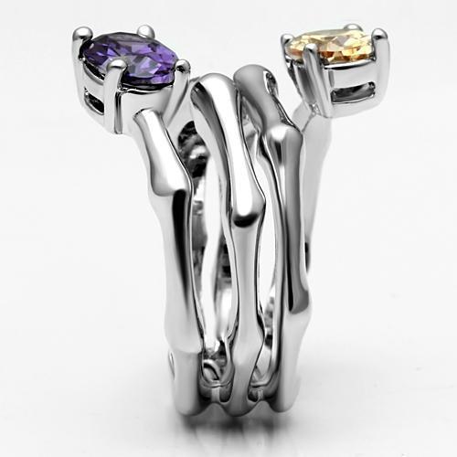 3W224 Rhodium Brass Ring featuring a multi-color AAA Grade CZ stone, elegantly designed for stylish wear.