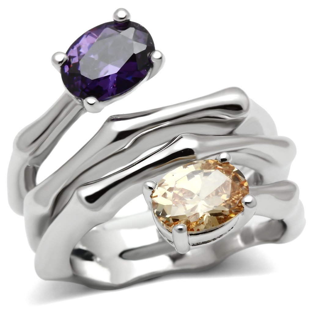 3W224 Rhodium Brass Ring featuring a multi-color AAA Grade CZ stone, elegantly designed for stylish wear.