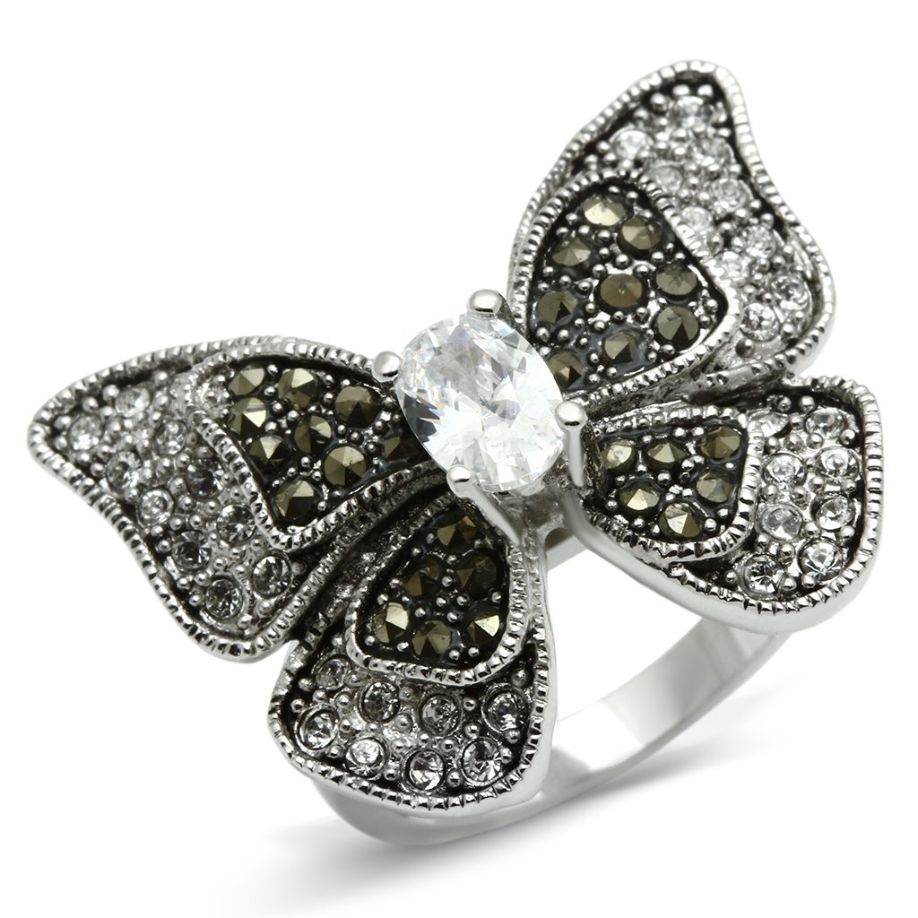 3W246 Rhodium Brass Ring featuring AAA Grade clear CZ stone, elegantly designed with a shiny finish.