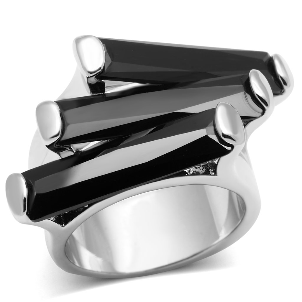 3W247 Rhodium Brass Ring featuring AAA Grade CZ in Black Diamond, showcasing its elegant design and luxurious finish.