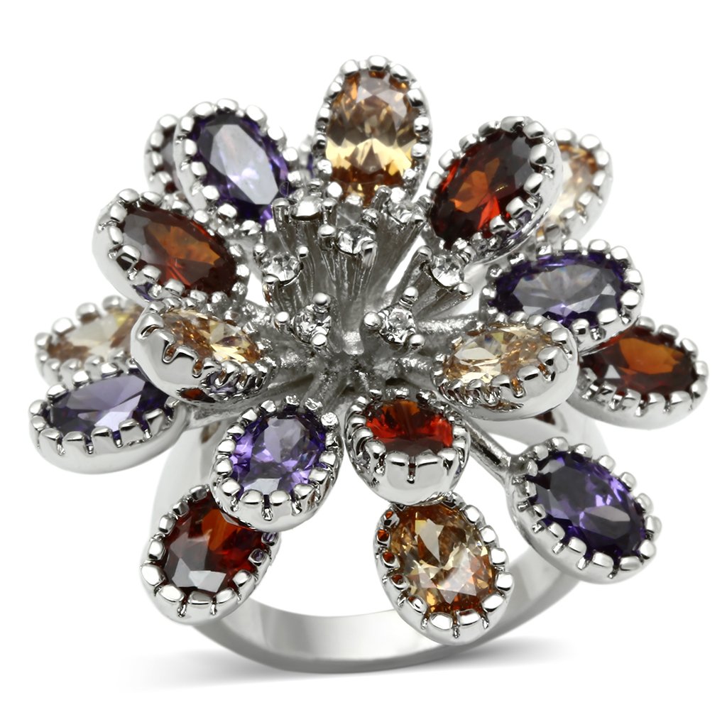 3W251 Rhodium Brass Ring featuring AAA Grade CZ stones in a vibrant multi-color design, showcasing elegance and style.