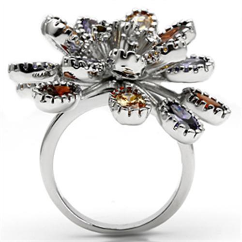 3W251 Rhodium Brass Ring featuring AAA Grade CZ stones in a vibrant multi-color design, showcasing elegance and style.