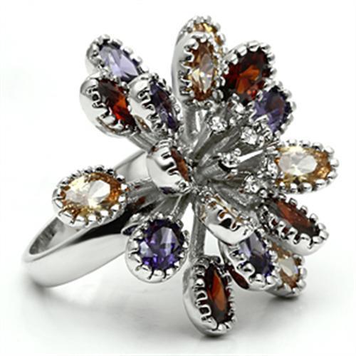 3W251 Rhodium Brass Ring featuring AAA Grade CZ stones in a vibrant multi-color design, showcasing elegance and style.
