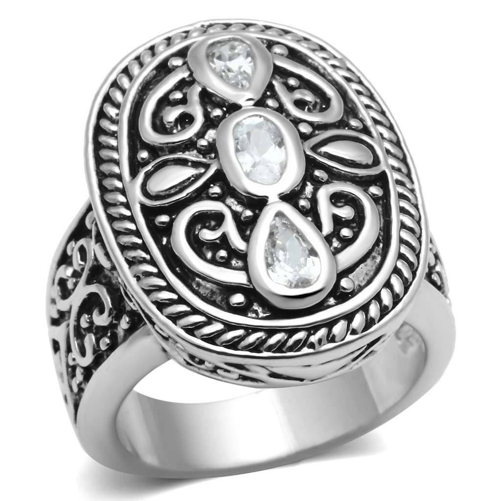 3W252 Rhodium Brass Ring featuring a clear AAA Grade CZ stone, showcasing its elegant design and shiny finish.