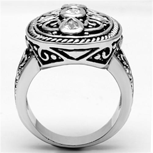 3W252 Rhodium Brass Ring featuring a clear AAA Grade CZ stone, showcasing its elegant design and shiny finish.