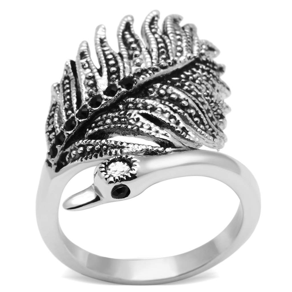 3W258 Rhodium Brass Ring featuring a stunning black diamond crystal centerpiece, elegantly designed for sophistication.