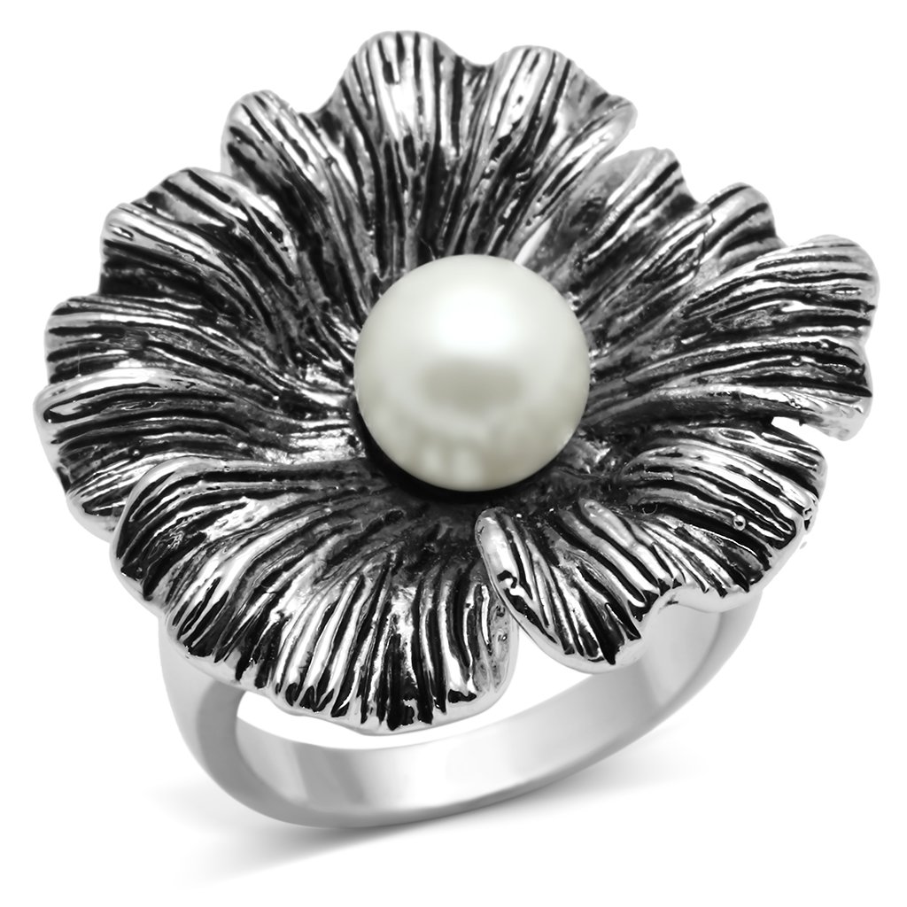 3W259 Rhodium Brass Ring featuring a synthetic white pearl, showcasing its elegant design and shiny finish.