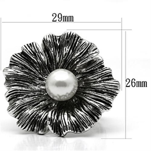 3W259 Rhodium Brass Ring featuring a synthetic white pearl, showcasing its elegant design and shiny finish.