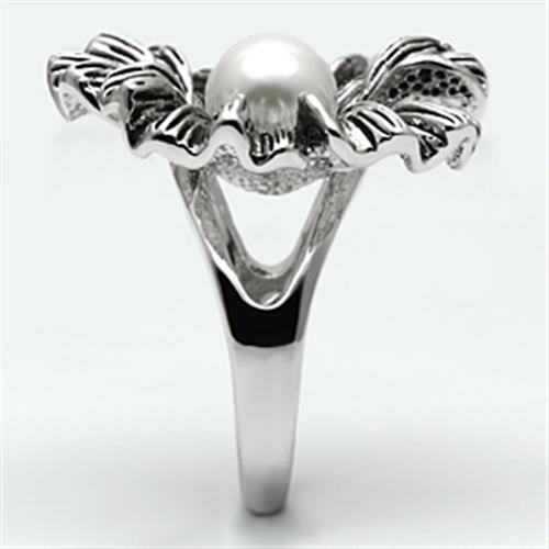 3W259 Rhodium Brass Ring featuring a synthetic white pearl, showcasing its elegant design and shiny finish.