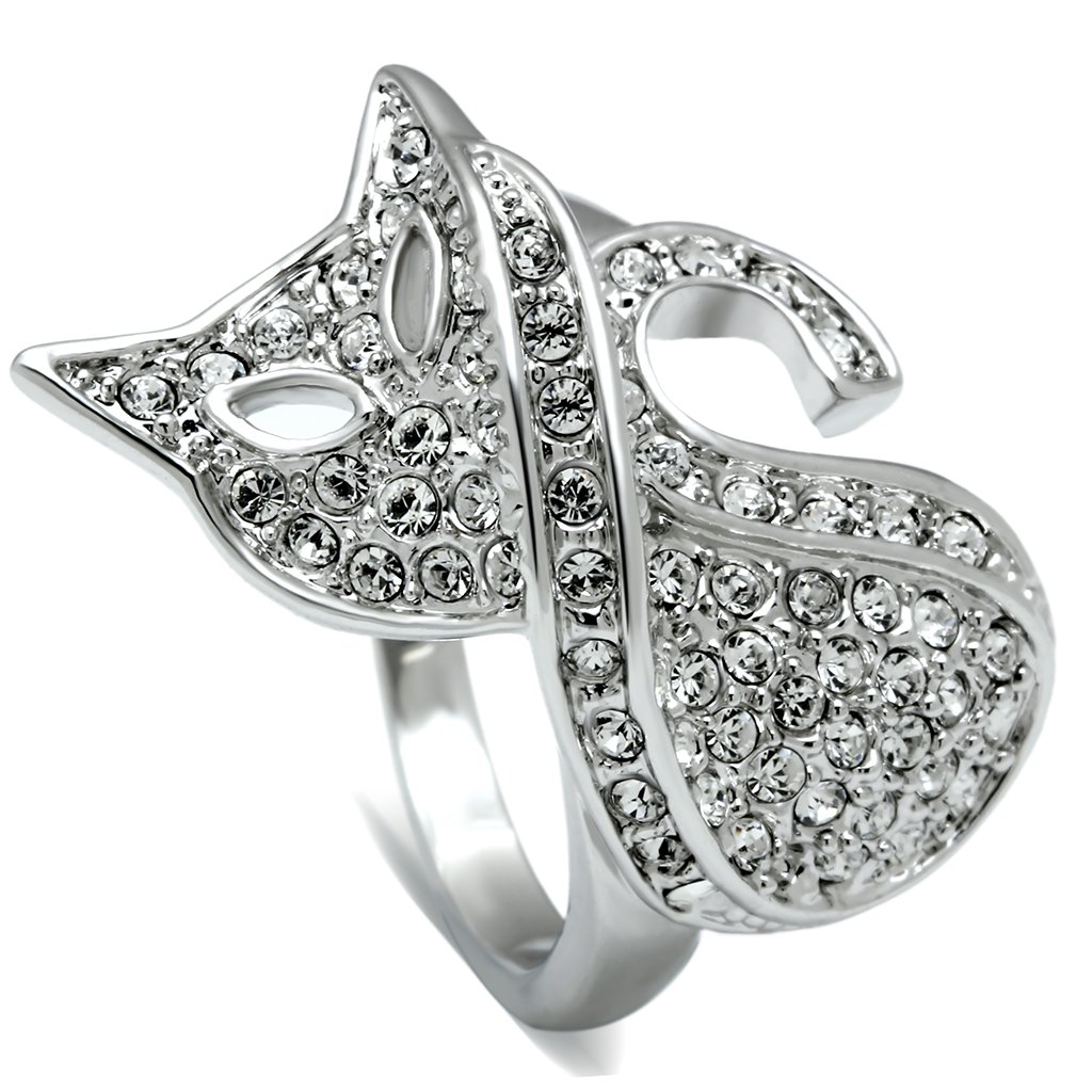 3W260 Rhodium Brass Ring featuring a clear top grade crystal, showcasing its elegant design and luxurious finish.