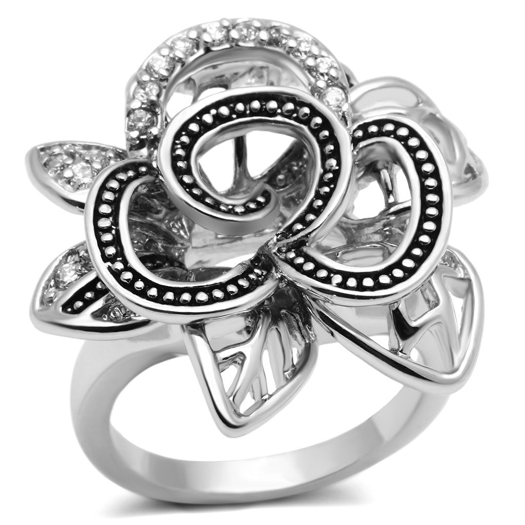 3W261 Rhodium Brass Ring featuring a clear AAA Grade CZ stone, showcasing its elegant design and luxurious finish.