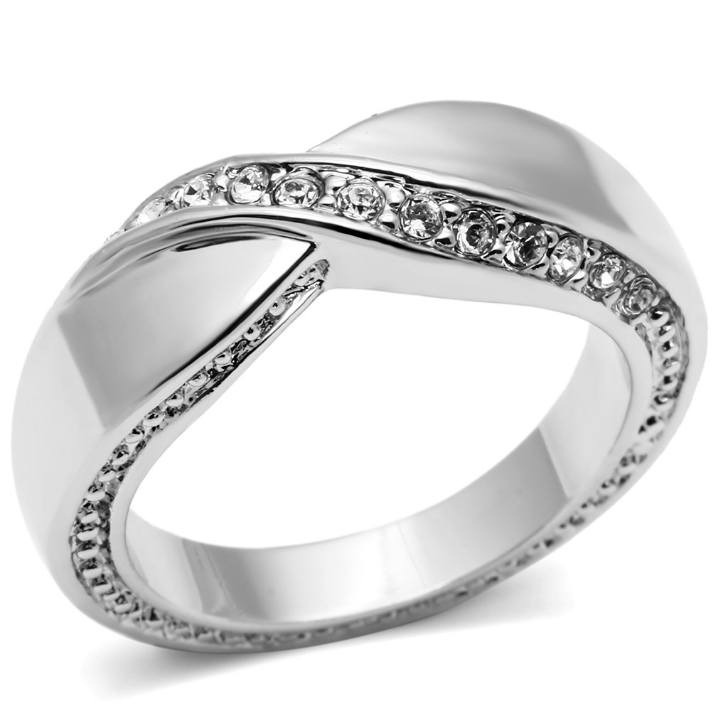 3W264 Rhodium Brass Ring featuring a clear top grade crystal, showcasing its elegant design and luxurious finish.