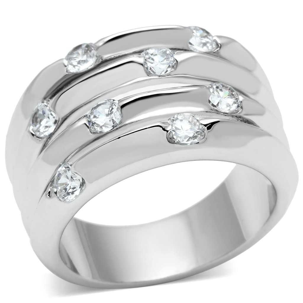 3W275 Rhodium Brass Ring featuring a clear AAA Grade CZ stone, showcasing its elegant design and luxurious finish.