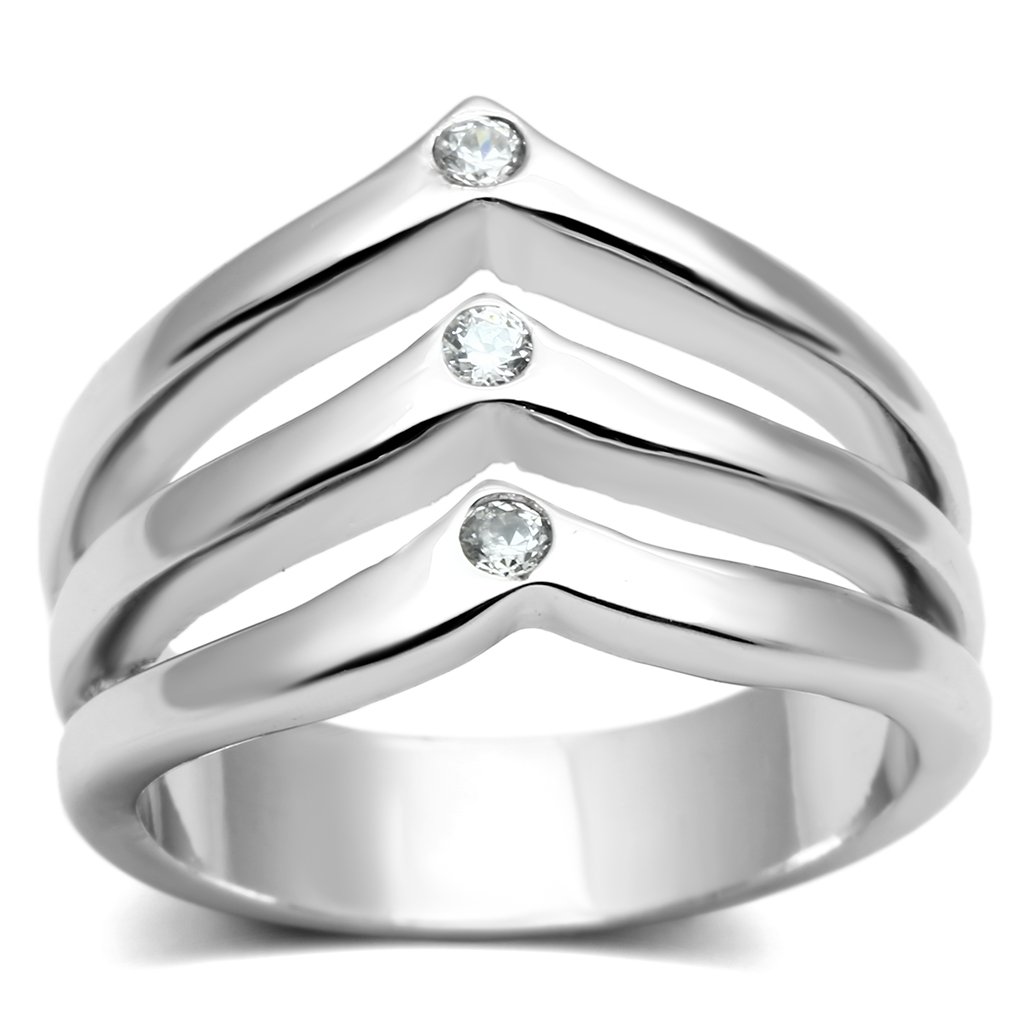 3W276 Rhodium Brass Ring featuring a clear AAA Grade CZ stone, showcasing its elegant design and shiny finish.