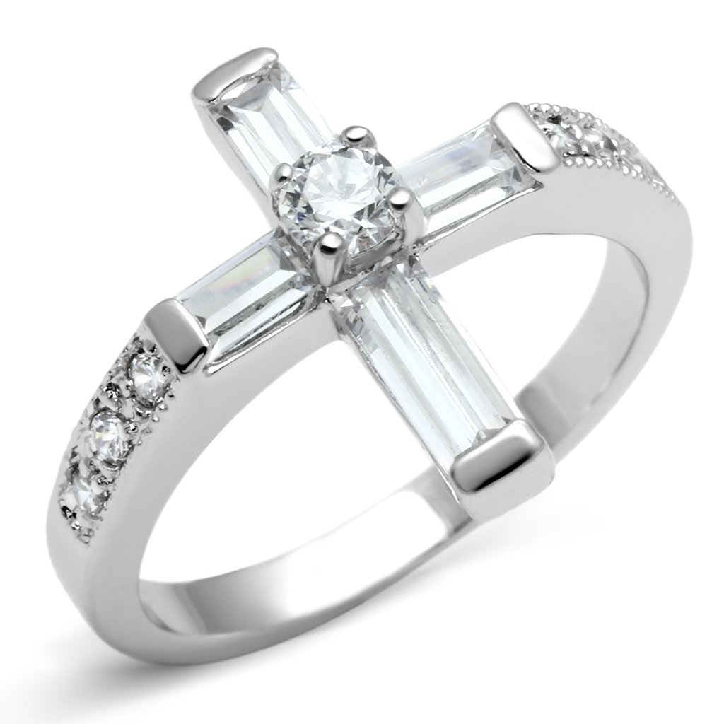 3W288 Rhodium Brass Ring featuring a clear AAA Grade CZ stone, showcasing its elegant design and shiny finish.