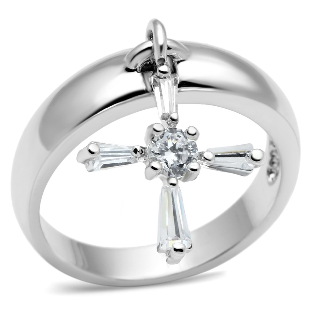 3W283 Rhodium Brass Ring featuring a clear AAA Grade CZ stone, showcasing its elegant design and luxurious finish.