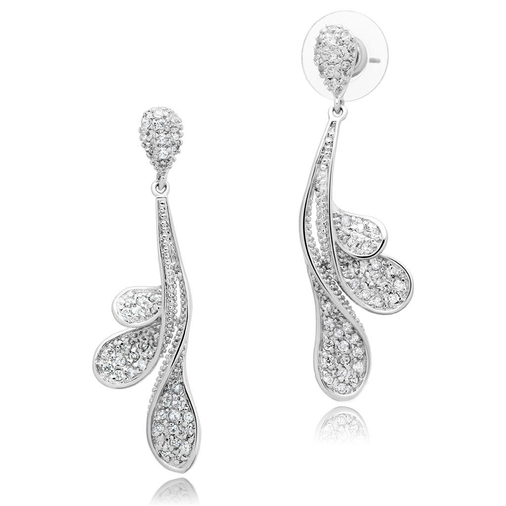 Elegant 3W299 Rhodium Brass Earrings featuring AAA Grade Clear CZ stone, showcasing a brilliant shine and lightweight design.
