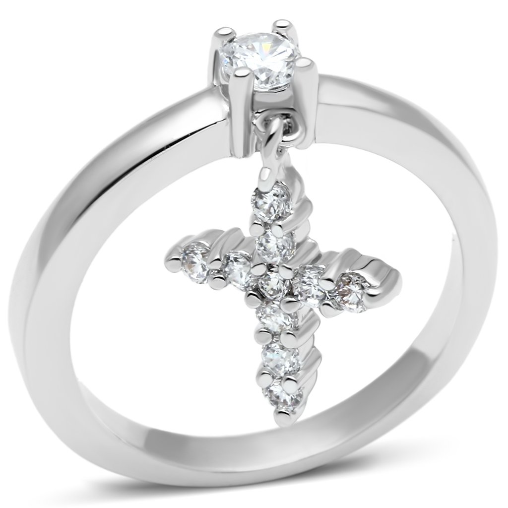 3W293 Rhodium Brass Ring featuring a clear AAA Grade CZ stone, showcasing its elegant design and luxurious finish.