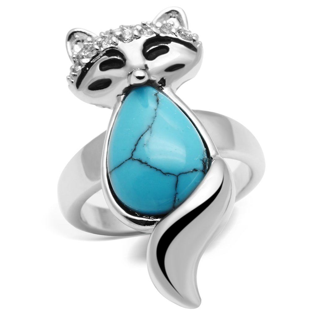 3W295 Rhodium Brass Ring featuring a vibrant synthetic turquoise stone in sea blue, elegantly designed for style and comfort.