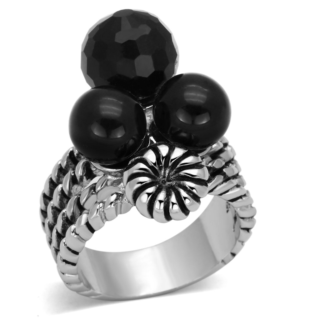 3W330 Rhodium Brass Ring featuring AAA Grade CZ in Black Diamond, showcasing its elegant design and sparkling center stone.