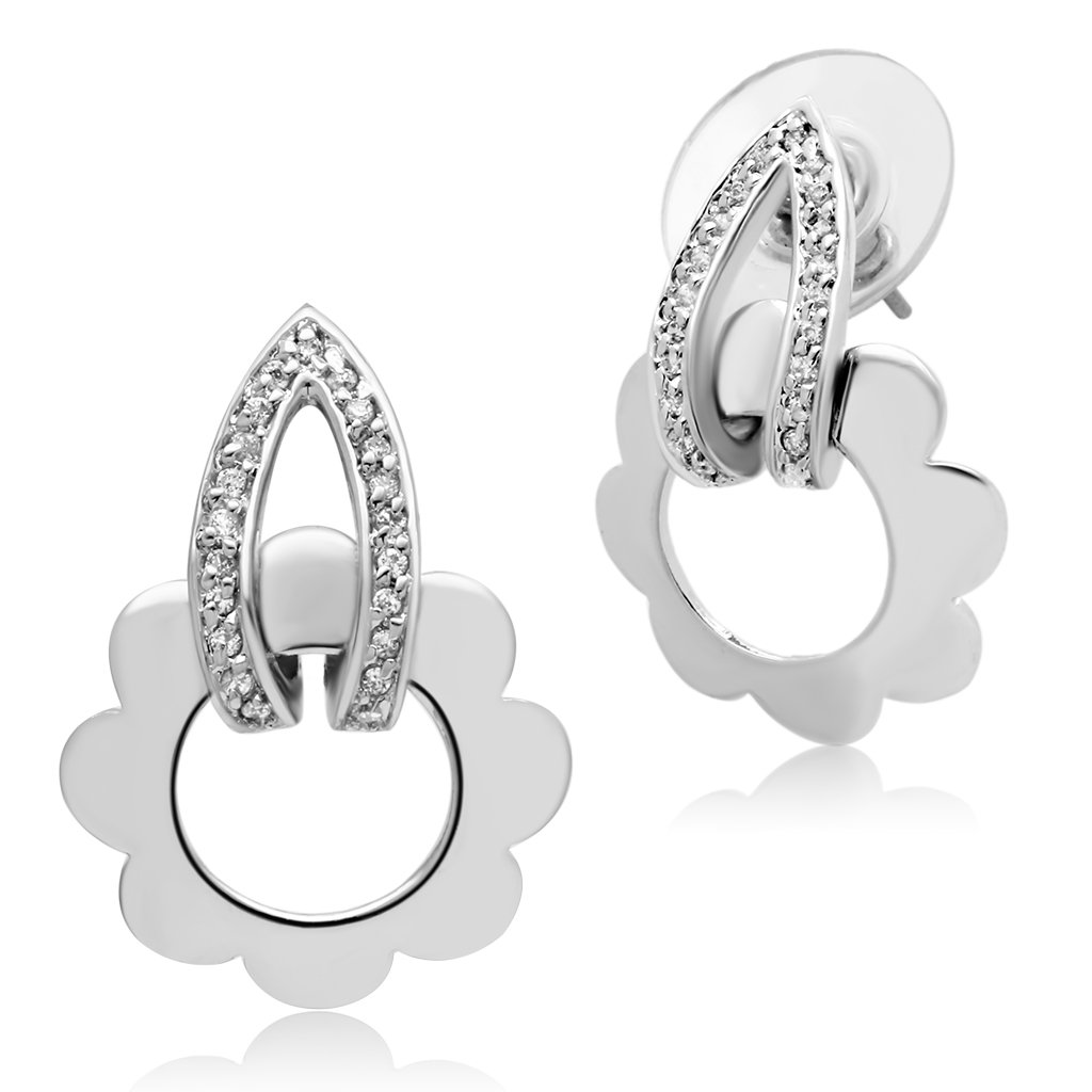 Elegant 3W302 Rhodium Brass Earrings featuring AAA Grade Clear CZ stone, showcasing a luxurious design.