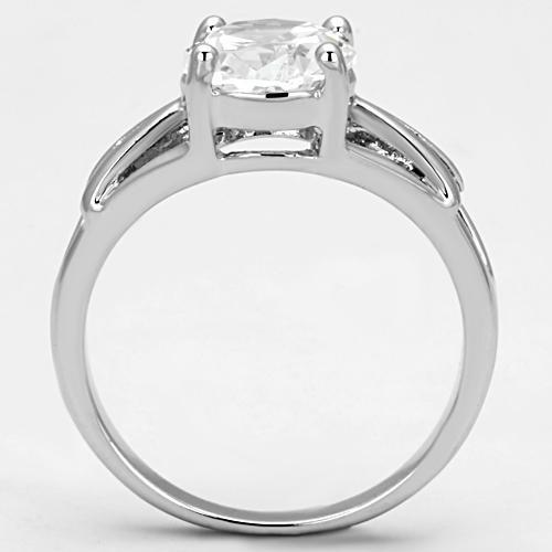 3W308 Rhodium Brass Ring featuring a clear AAA Grade CZ stone, elegantly designed with a shiny finish.