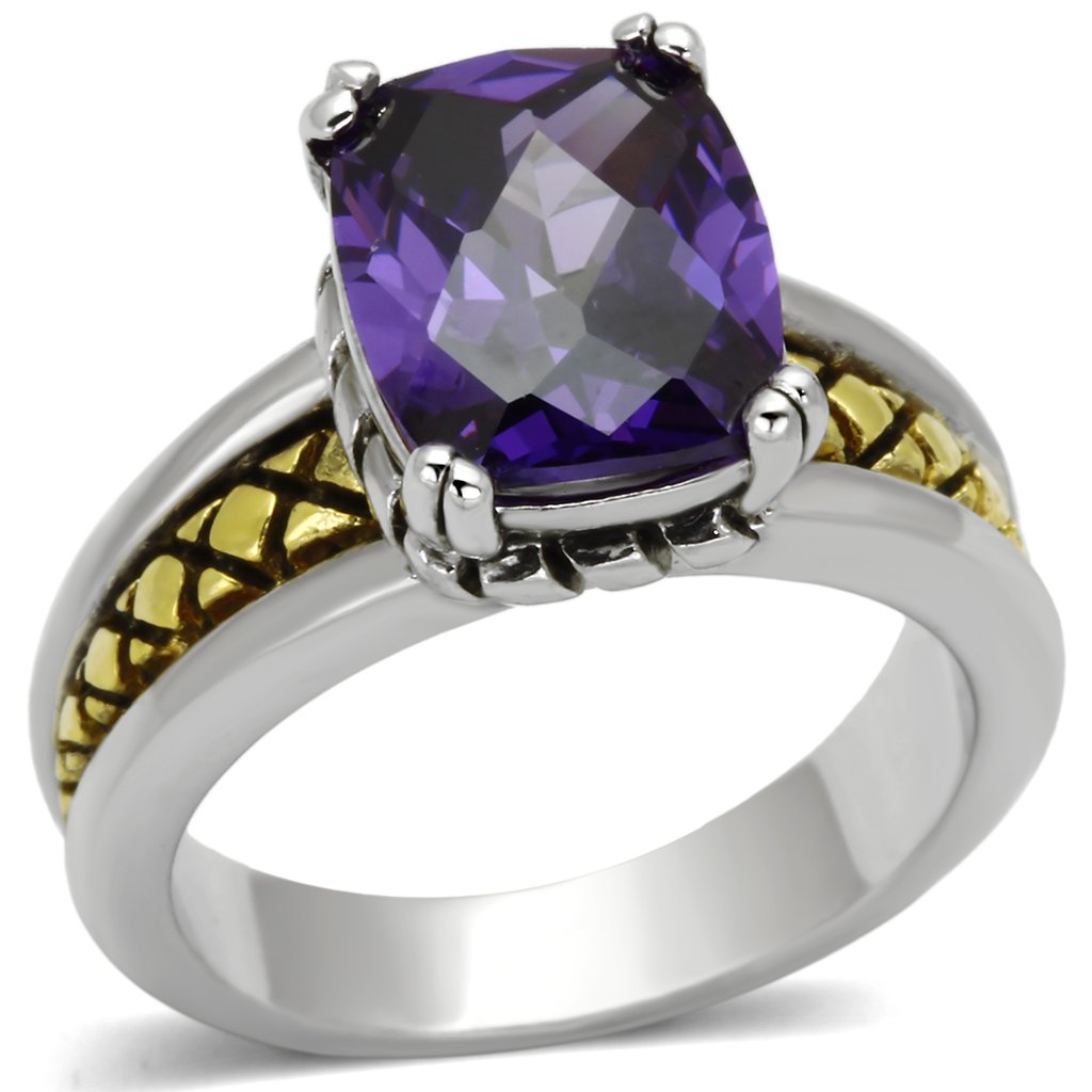 3W331 Reverse Two-Tone Brass Ring featuring AAA Grade CZ in Amethyst, showcasing its elegant design and rich purple color.