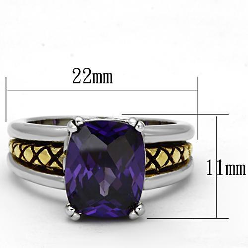 3W331 Reverse Two-Tone Brass Ring featuring AAA Grade CZ in Amethyst, showcasing its elegant design and rich purple color.