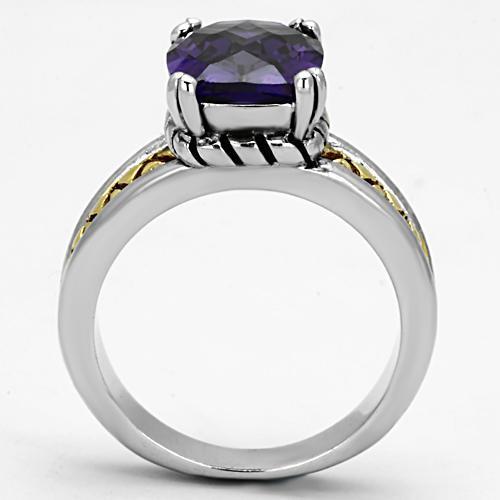 3W331 Reverse Two-Tone Brass Ring featuring AAA Grade CZ in Amethyst, showcasing its elegant design and rich purple color.