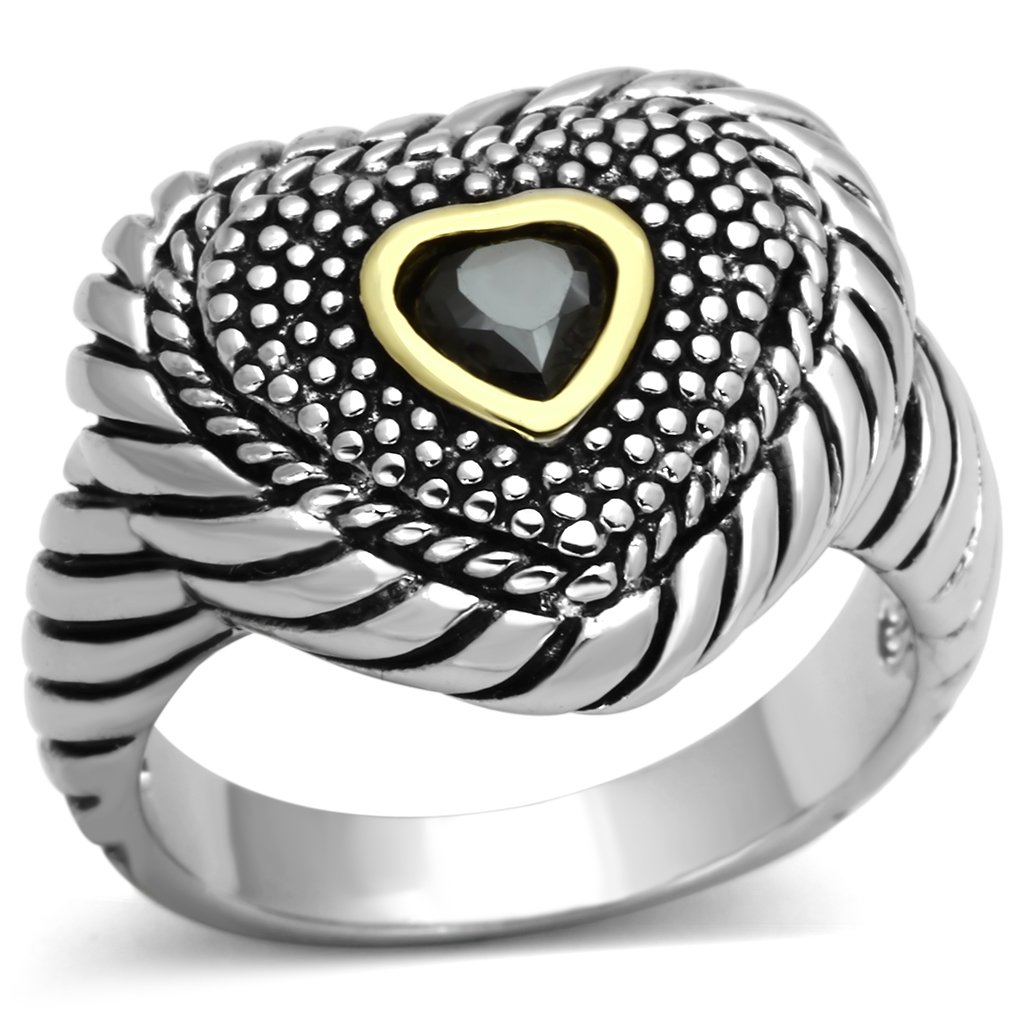 3W334 Reverse Two-Tone Brass Ring featuring a black diamond AAA Grade CZ stone, showcasing its elegant design and craftsmanship.
