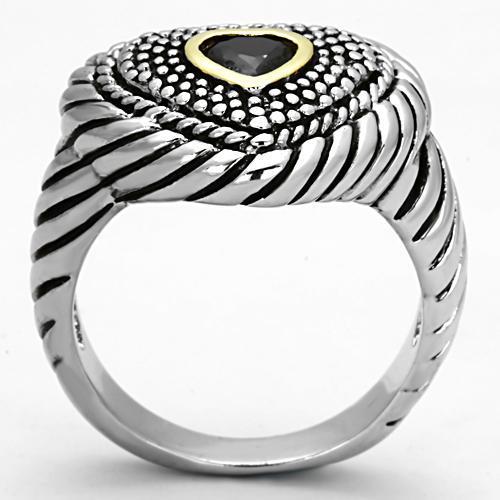 3W334 Reverse Two-Tone Brass Ring featuring a black diamond AAA Grade CZ stone, showcasing its elegant design and craftsmanship.
