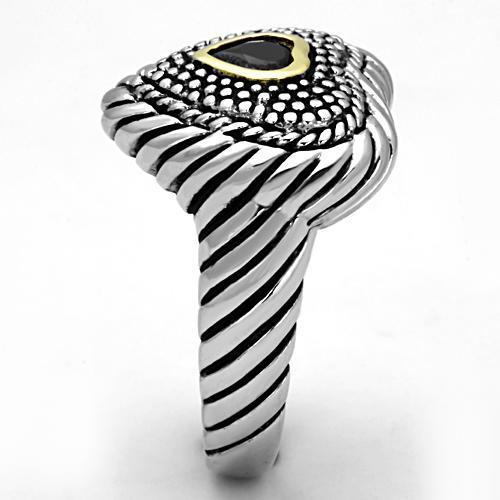 3W334 Reverse Two-Tone Brass Ring featuring a black diamond AAA Grade CZ stone, showcasing its elegant design and craftsmanship.