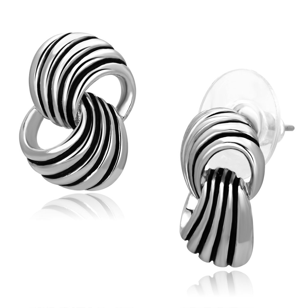 Elegant 3W343 Rhodium Brass Earrings featuring a jet epoxy center stone, showcasing a modern design and shiny finish.