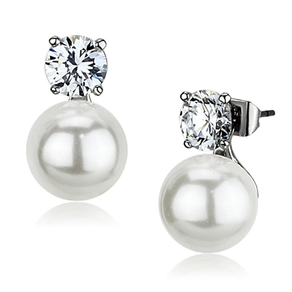 Elegant 3W348 Rhodium Brass Earrings featuring a white synthetic pearl, showcasing a luxurious design.