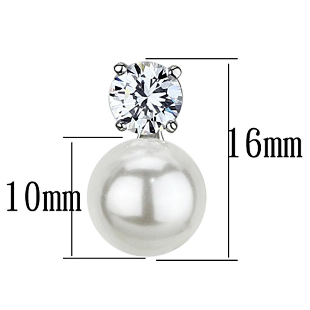 Elegant 3W348 Rhodium Brass Earrings featuring a white synthetic pearl, showcasing a luxurious design.