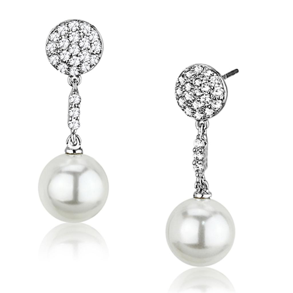 Elegant 3W350 Rhodium Brass Earrings featuring a white synthetic pearl centerpiece, showcasing a stylish design.