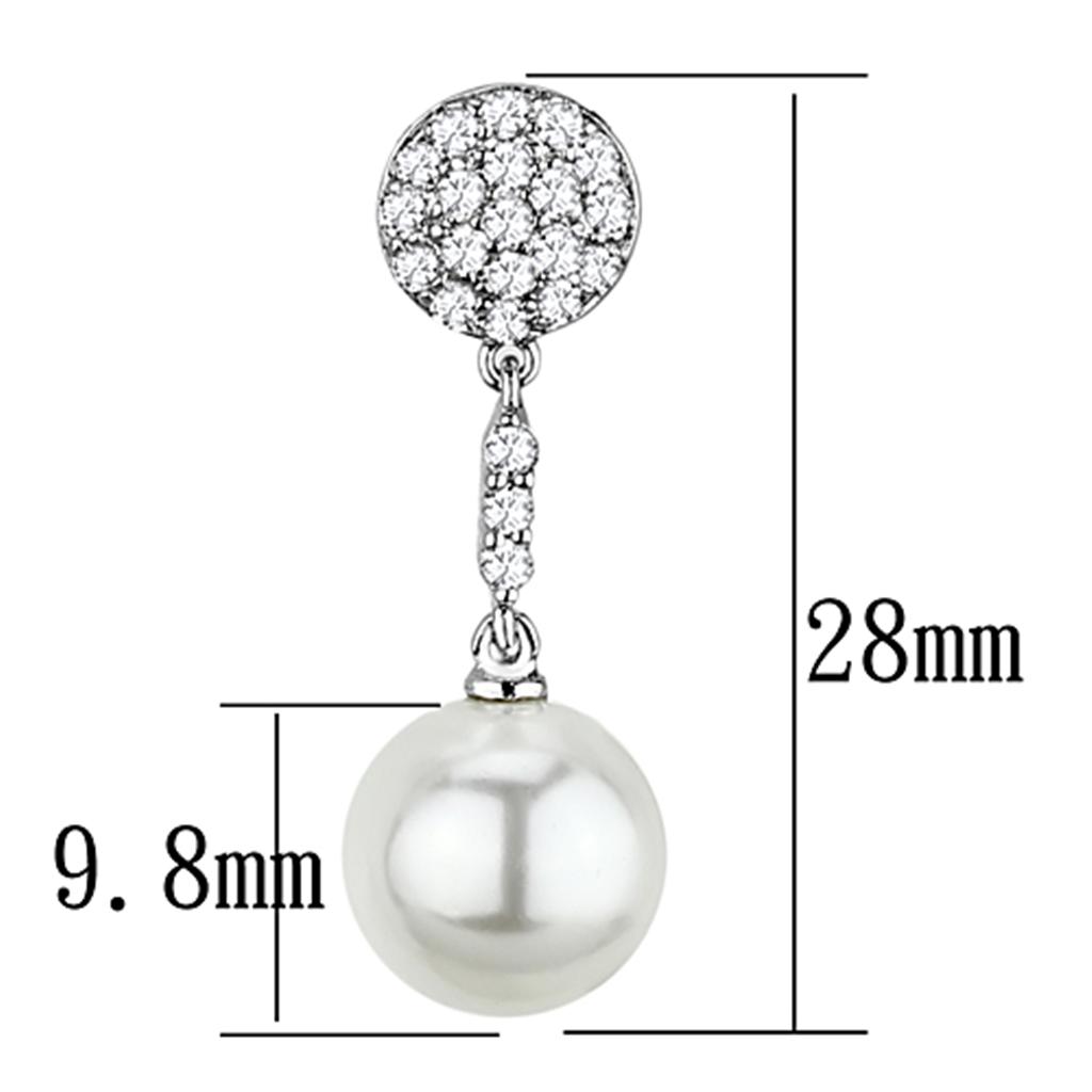 Elegant 3W350 Rhodium Brass Earrings featuring a white synthetic pearl centerpiece, showcasing a stylish design.