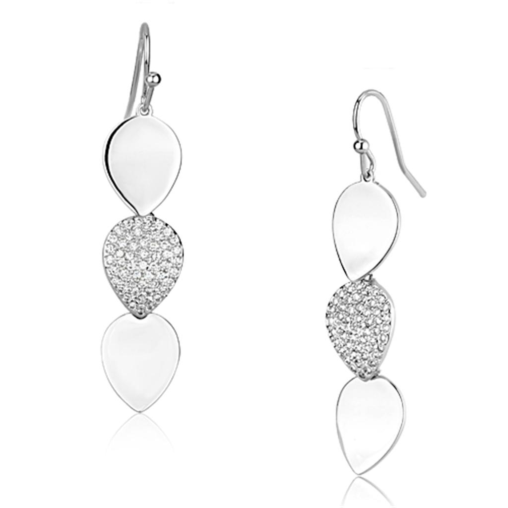 Elegant 3W351 Rhodium Brass Earrings with AAA Grade Clear CZ, showcasing their brilliant sparkle and lightweight design.