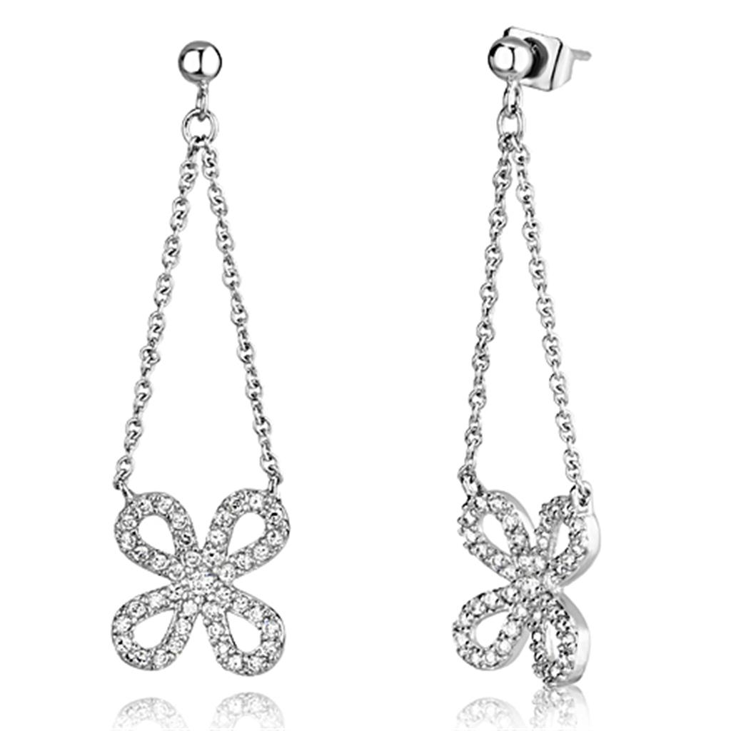 Elegant 3W354 Rhodium Brass Earrings featuring a clear AAA Grade CZ stone, showcasing a luxurious design.