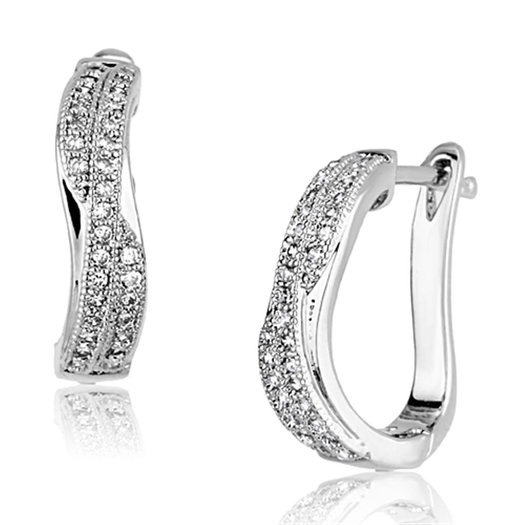 Elegant 3W358 Rhodium Brass Earrings featuring AAA Grade Clear CZ stone, showcasing a brilliant shine and lightweight design.