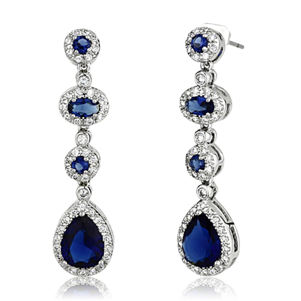 Elegant 3W367 Rhodium Brass Earrings featuring synthetic sapphire glass, showcasing a luxurious design and vibrant color.