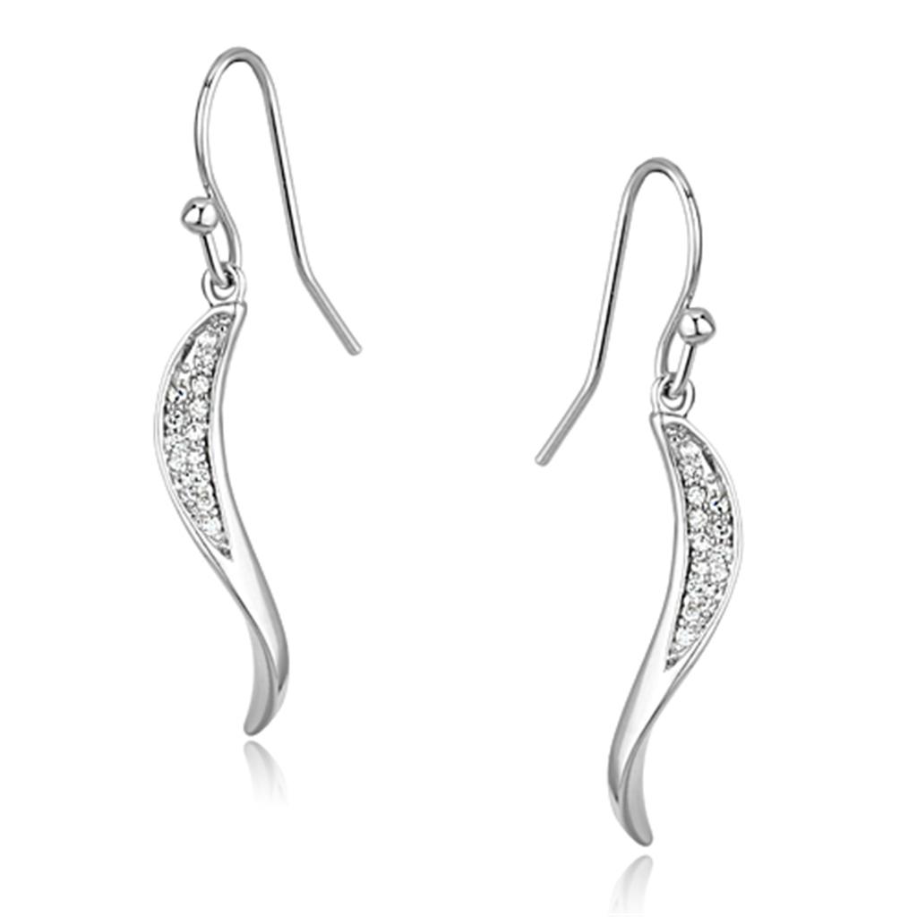 Elegant 3W377 Rhodium Brass Earrings featuring AAA Grade CZ in Clear, showcasing their sparkling design and lightweight structure.