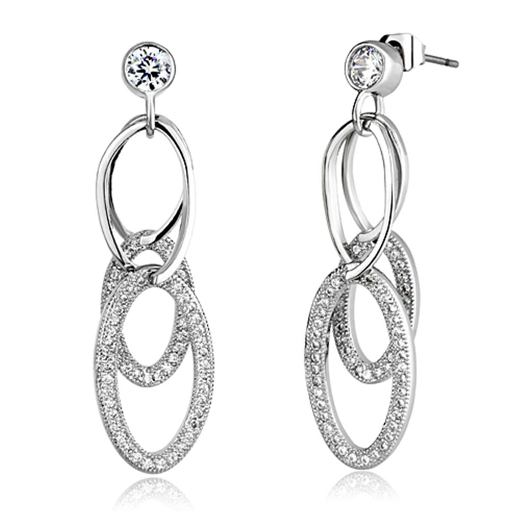 Elegant 3W379 Rhodium Brass Earrings featuring AAA Grade Clear CZ stone, showcasing a luxurious design.