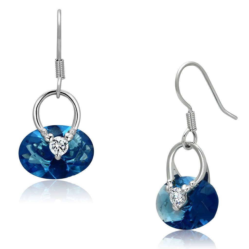 Elegant 3W338 Rhodium Brass Earrings featuring a sea blue synthetic glass center stone, perfect for any occasion.