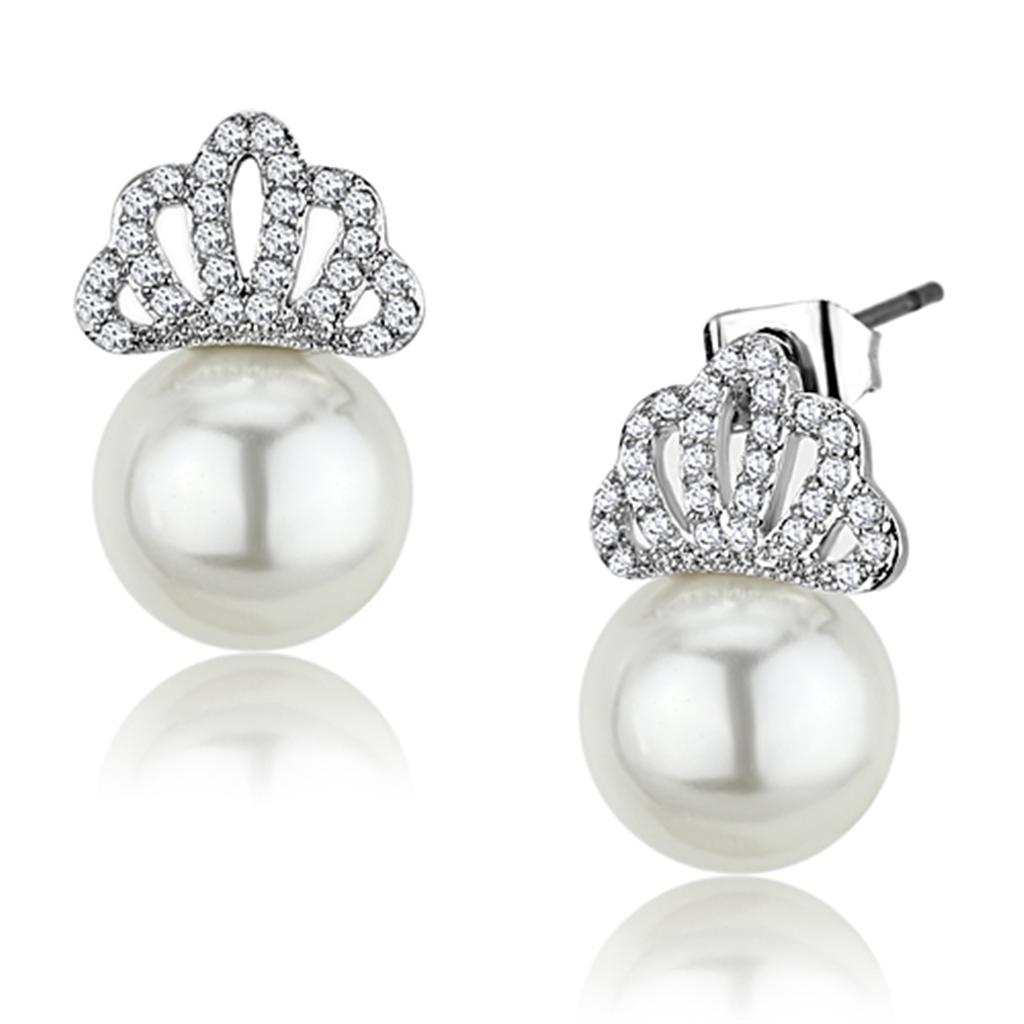 Elegant 3W383 Rhodium Brass Earrings featuring a white synthetic pearl, showcasing a stylish design perfect for any occasion.