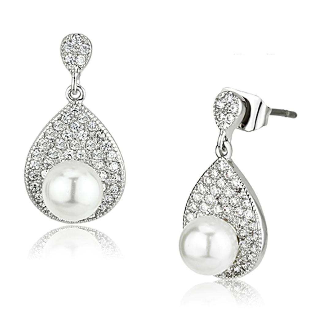 Elegant 3W384 Rhodium Brass Earrings featuring a white synthetic pearl, showcasing a stylish design perfect for any occasion.