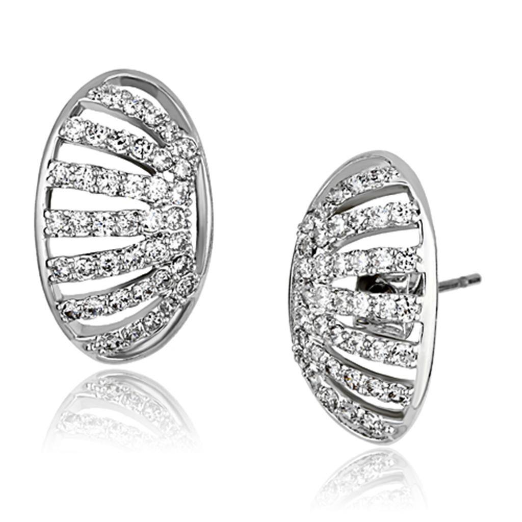 Elegant 3W393 Rhodium Brass Earrings featuring AAA Grade Clear CZ stone, showcasing a luxurious design.