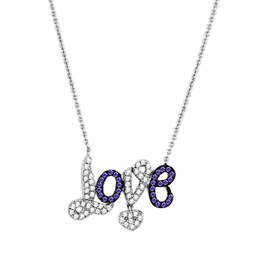 3W414 Rhodium and Ruthenium Brass Necklace featuring AAA Grade CZ in Amethyst, showcasing its elegant design and sparkling center stone.