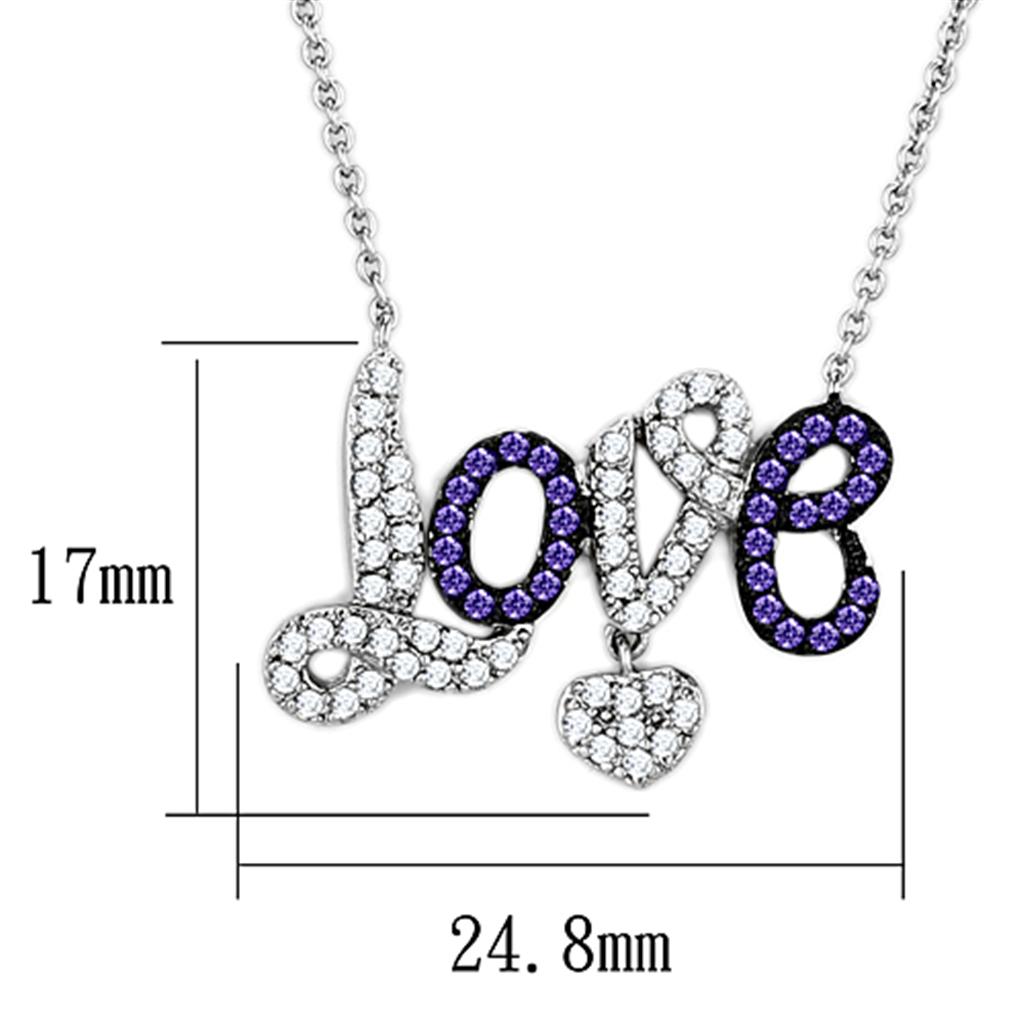 3W414 Rhodium and Ruthenium Brass Necklace featuring AAA Grade CZ in Amethyst, showcasing its elegant design and sparkling center stone.
