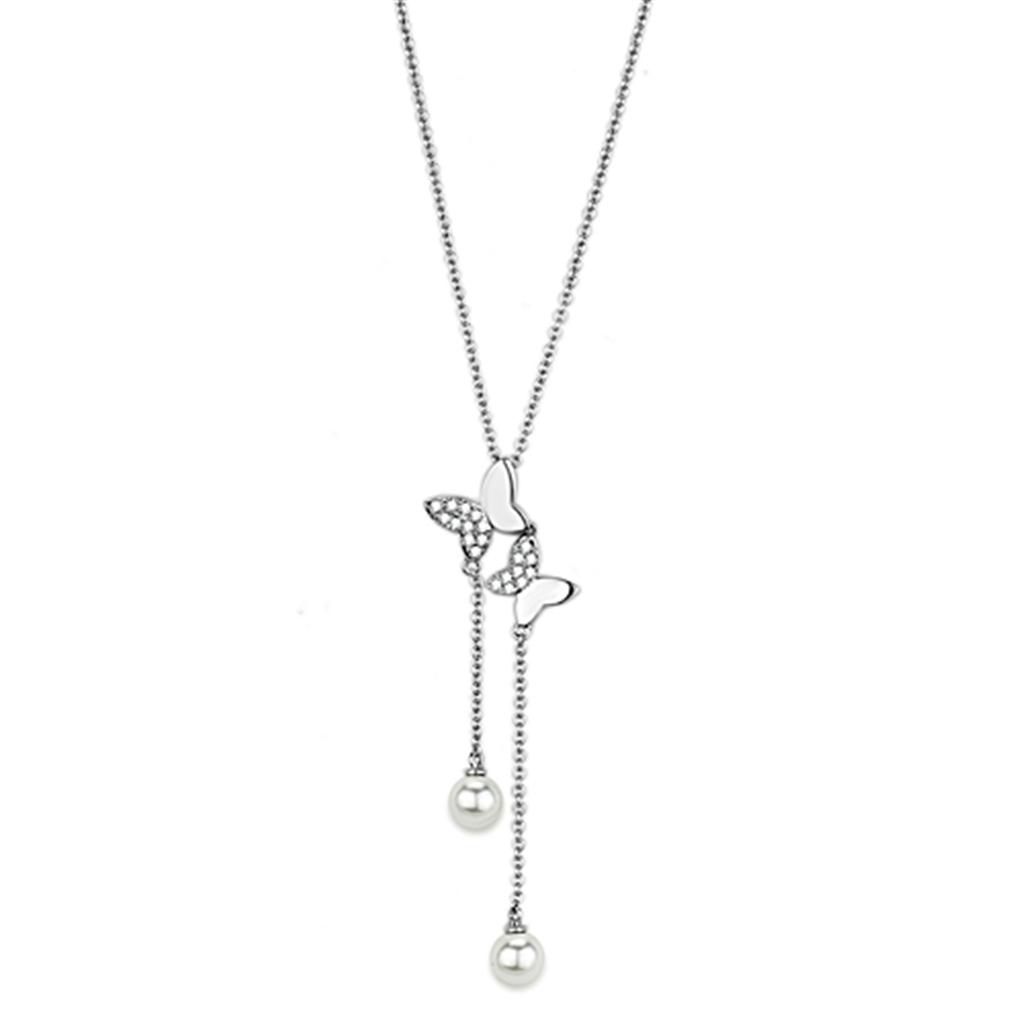 3W442 Rhodium Brass Necklace featuring a synthetic white pearl, showcasing its elegant design and shiny finish.